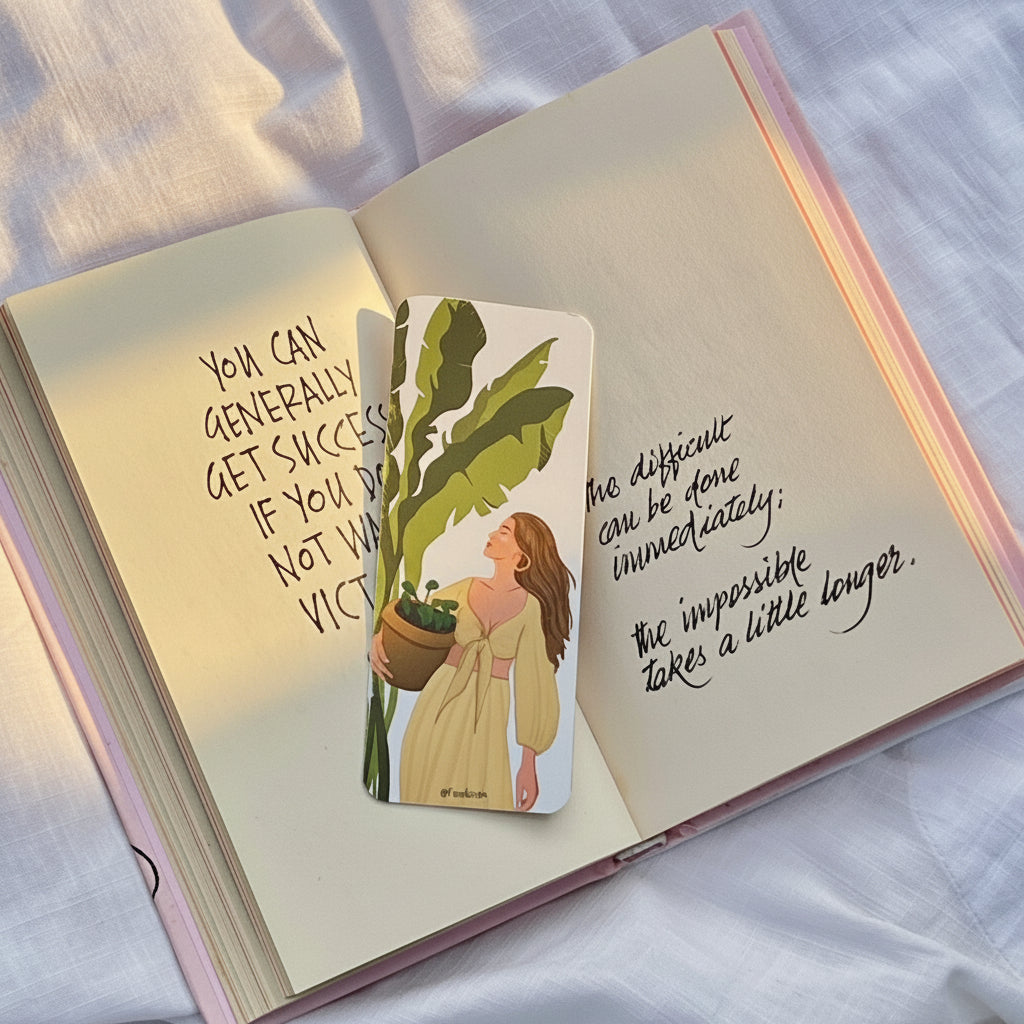Open book with motivational quote and illustration of a woman holding a plant on a white fabric background