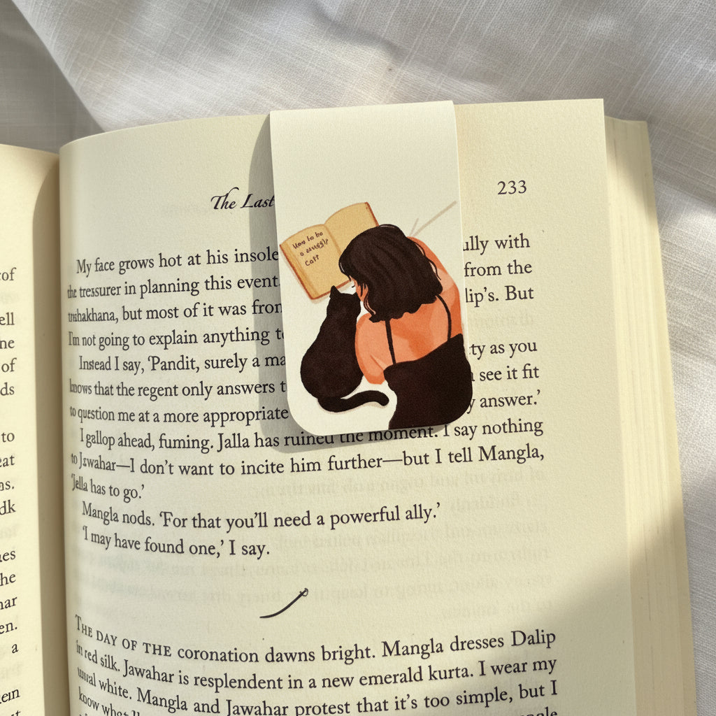 Book with a bookmark featuring an illustration of a person hugging a book, placed on a white surface.