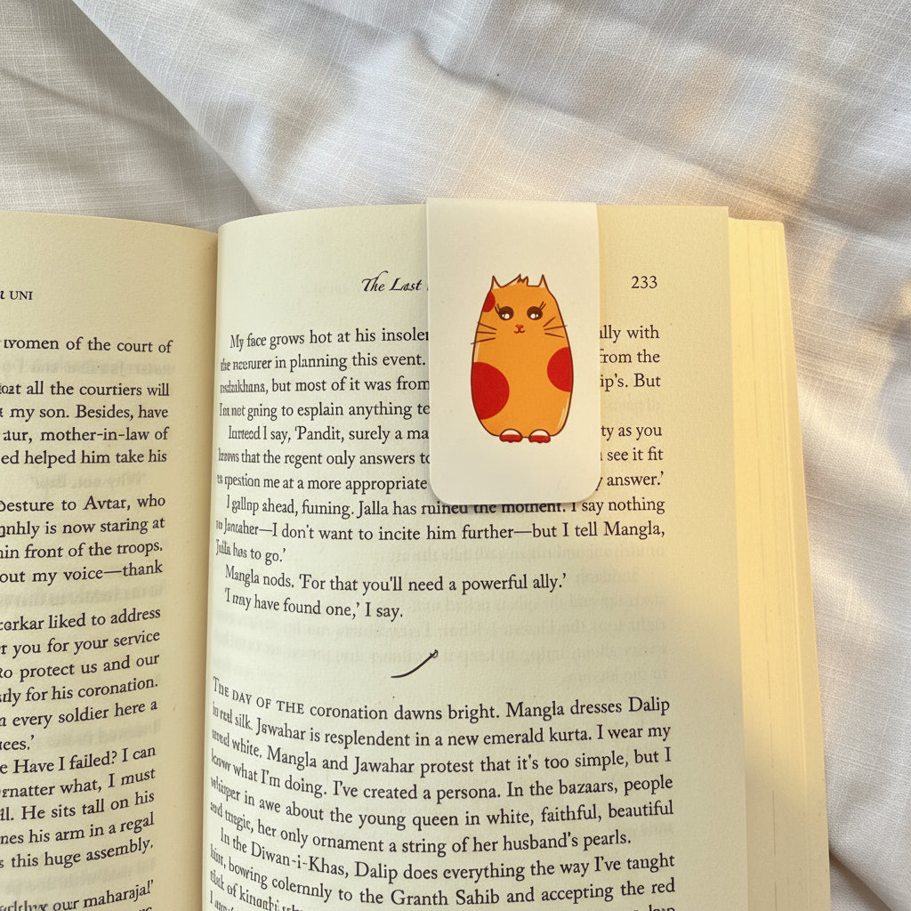 Open book with a cat illustration on a fabric background